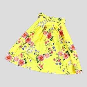 Miss Selfridge Floral Skirt Sz4 Yellow High Waist A-Line Midi Pleated Bold Print